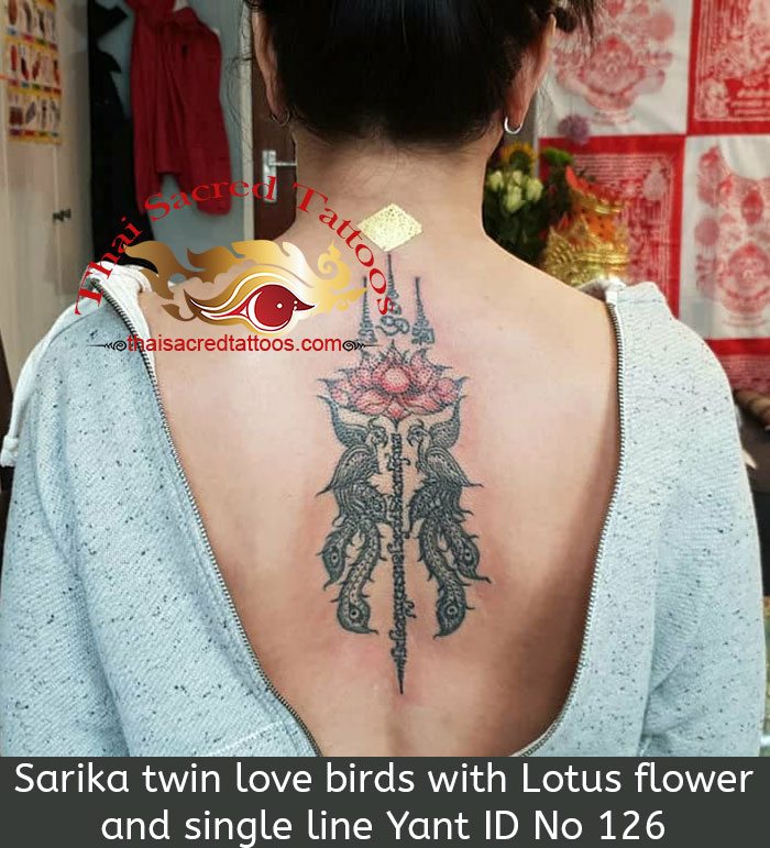 Sarika-twin-love-birds with Lotus flower and single line Yant