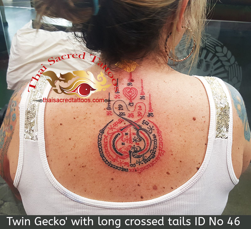 Thai Tattoo Twin Gecko with long crossed tails Yant