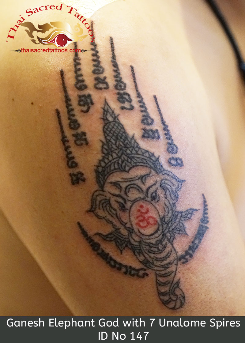 Ganesh Sak Yant Thai Tattoo Elephant God with 7 Unalome Spires