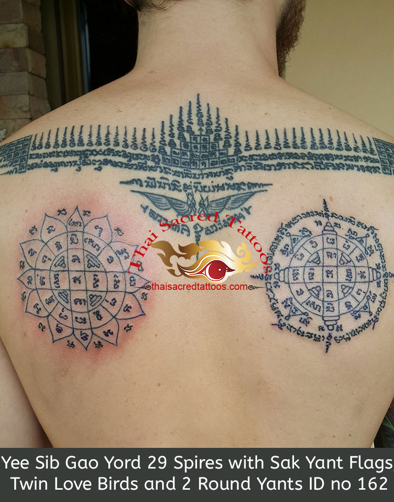 Yee Sib Gao Yord 29 Spires with Sak Yant Flags and Twin Love Birds with 2 Round Yants Thai Tattoos
